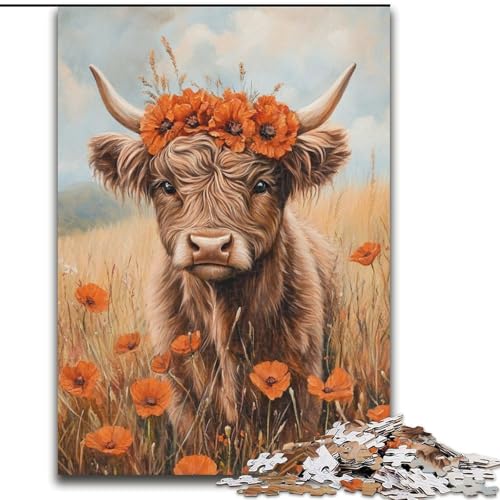Puzzle 1000 Teile für Erwachsene, Hochlandkuh mit orangefarbenen Blumen, Puzzle für Erwachsene, 1000 Teile, interaktives Familienspiel, Denksportaufgabe als Geschenk, Lernspielzeug (Größe 26x38cm) von WGLINGX