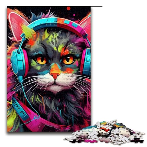 Puzzle 1000 Teile für Erwachsene, Hund mit Kopfhörer, Puzzle, Geschenk, Holzpuzzle, Lernspiel, Herausforderungsspielzeug (Größe 50 x 75 cm) von WGLINGX