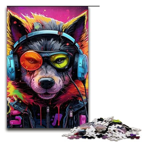 Puzzle 1000 Teile für Erwachsene, Hund mit Kopfhörer, Puzzle, Geschenk, Holzpuzzle, Lernspiel, Herausforderungsspielzeug (Größe 50 x 75 cm) von WGLINGX