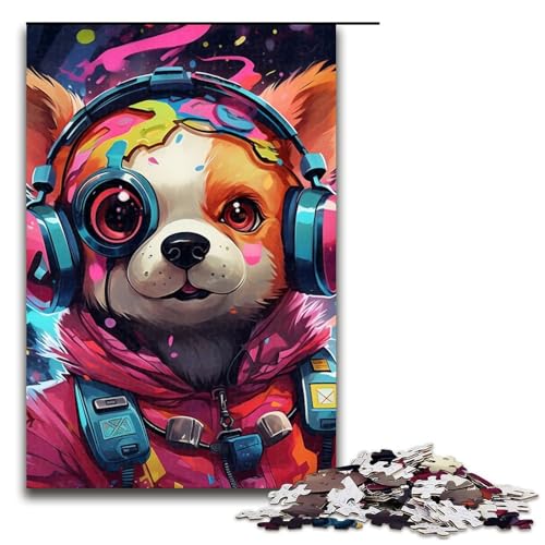 Puzzle 1000 Teile für Erwachsene, Hund mit Kopfhörer, Puzzle, Geschenk, Holzpuzzle, Lernspiel, Herausforderungsspielzeug (Größe 50 x 75 cm) von WGLINGX