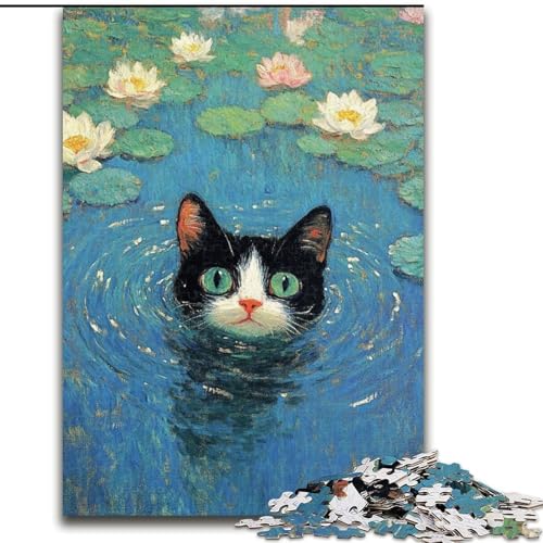 Puzzle 1000 Teile für Erwachsene, Katze am Teich, Holzpuzzle, DIY-Dekoration, anspruchsvolles Denkspiel, (Größe 50x75cm) von WGLINGX