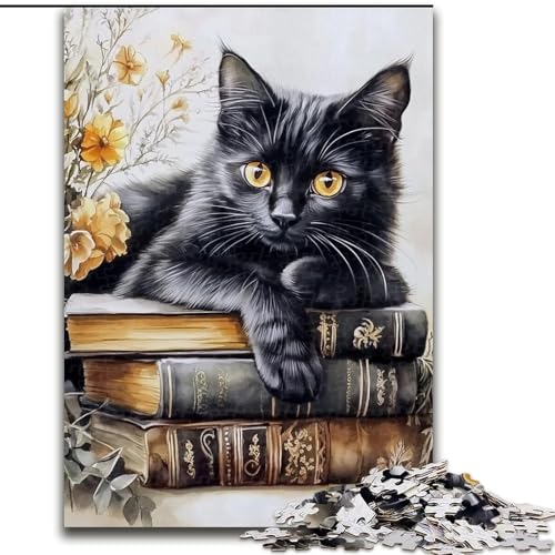 Puzzle 1000 Teile für Erwachsene, Katze auf Buch, Puzzle für Erwachsene, 1000 Teile, Lernspiele, schöne Dekoration (Größe 26x38cm) von WGLINGX