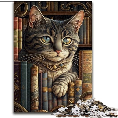 Puzzle 1000 Teile für Erwachsene, Katze auf dem Buch, Puzzle für Erwachsene, 1000 Teile, interaktives Familienspiel, Denksportaufgabe als Geschenk, Lernspielzeug (Größe 50x75cm) von WGLINGX