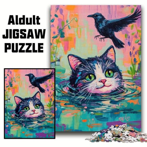 Puzzle 1000 Teile für Erwachsene, Katze und Krähe, Puzzle für Erwachsene, 1000 Teile, Lernspiele, schöne Dekoration (Größe 26x38cm) von WGLINGX