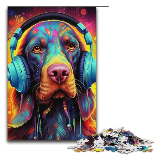Puzzle 1000 Teile für Erwachsene, Kopfhörer, Hunde-Puzzle, Wanddekoration, Heimkunstdekor, für Jugendliche ab 14 Jahren (Größe 38 x 26 cm) von WGLINGX