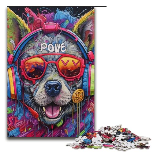 Puzzle 1000 Teile für Erwachsene, Kopfhörer, Hunde-Puzzle, Wanddekoration, Heimkunstdekor, für Jugendliche ab 14 Jahren (Größe 38 x 26 cm) von WGLINGX