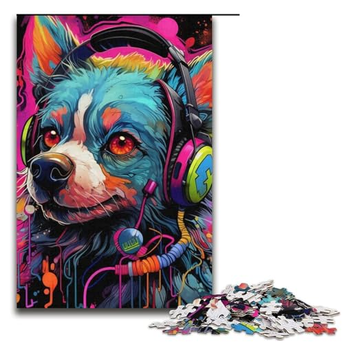 Puzzle 1000 Teile für Erwachsene, Kopfhörer, Hunde-Puzzle, Wanddekoration, Heimkunstdekor, für Jugendliche ab 14 Jahren (Größe 38 x 26 cm) von WGLINGX