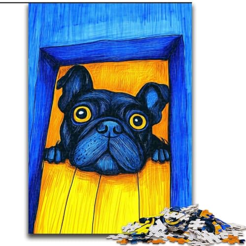 Puzzle 1000 Teile für Erwachsene, Künstlerisches Holzpuzzle mit französischer Bulldogge, Familienaktivitätsspiel für Teenager, anspruchsvolles Denkspiel (Größe 50x75cm) von WGLINGX