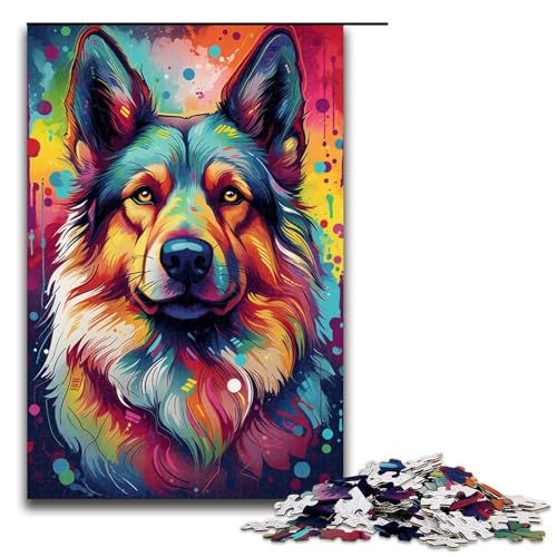 Puzzle 1000 Teile für Erwachsene, Malen, bunter Deutscher Schäferhund, Puzzle, Geschenk, Holzpuzzle, Lernspiel, Herausforderungsspielzeug (Größe 50 x 75 cm) von WGLINGX