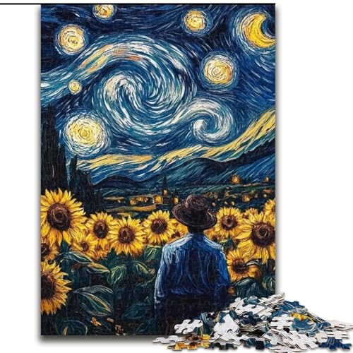 Puzzle 1000 Teile für Erwachsene, Nachthimmel, Sonnenblume, Holzpuzzle, Familienaktivitätsspiel für Teenager, anspruchsvolles Denkspiel (Größe 50x75cm) von WGLINGX
