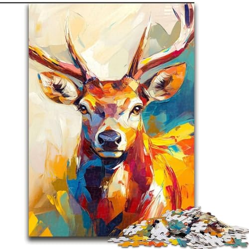 Puzzle 1000 Teile für Erwachsene, Ölgemälde mit Hirschen, Puzzle für Erwachsene, 1000 Teile, interaktives Familienspiel, Denksportaufgabe als Geschenk, Lernspielzeug (Größe 26x38cm) von WGLINGX
