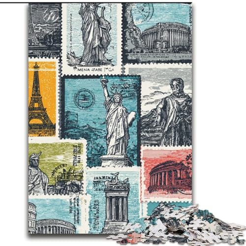 Puzzle 1000 Teile für Erwachsene, Pariser Briefmarkencollage, Holzpuzzle, Familienaktivitätsspiel für Teenager, anspruchsvolles Denkspiel (Größe 50x75cm) von WGLINGX