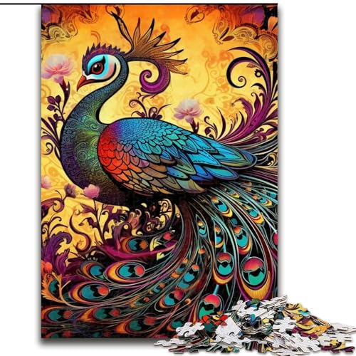 Puzzle 1000 Teile für Erwachsene, Psychedelischer Pfau, Holzpuzzle, Teenager, Stressabbau, Cooles einzigartiges Geschenk für die Familie (Größe 26x38cm) von WGLINGX
