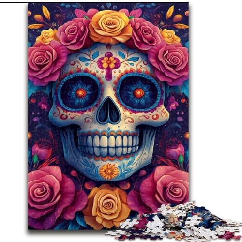 Puzzle 1000 Teile für Erwachsene, Rosenschädel, Puzzle für Erwachsene, 1000 Teile, Spielzeug, Geschenk, pädagogisches, intellektuelles, entspannendes, lustiges Familienspiel (Größe 50x75cm) von WGLINGX