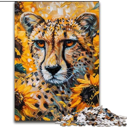 Puzzle 1000 Teile für Erwachsene, Sonnenblumen-Leoparden-Puzzle für Erwachsene, interaktives Familienspiel, geeignet für Kinder ab 14 Jahren (Größe 50x75cm) von WGLINGX