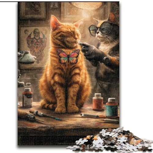 Puzzle 1000 Teile für Erwachsene, Tätowierte Katze, Puzzle für Erwachsene, 1000 Teile, Lernspiele, schöne Dekoration (Größe 26x38cm) von WGLINGX
