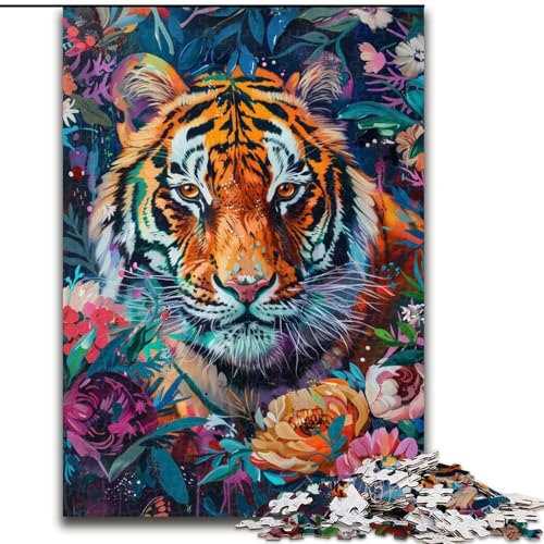 Puzzle 1000 Teile für Erwachsene, Tigerblumen, unmögliches Puzzle für Erwachsene, Kunstwerk-Dekor, Intelligenzspielzeug für Familien-Indoor-Spiele (Größe 26x38cm) von WGLINGX