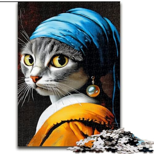 Puzzle 1000 Teile für Erwachsene „Katze mit Perlenohrring“, interaktives Familienspiel, geeignet für Kinder ab 14 Jahren (Größe 50x75cm) von WGLINGX