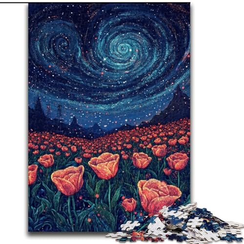 Puzzle 1000 Teile für Erwachsene „Tulpen unter dem Nachthimmel“, Puzzle 1000 Teile, interaktives Familienspiel, geeignet für Kinder ab 14 Jahren (Größe 50x75cm) von WGLINGX