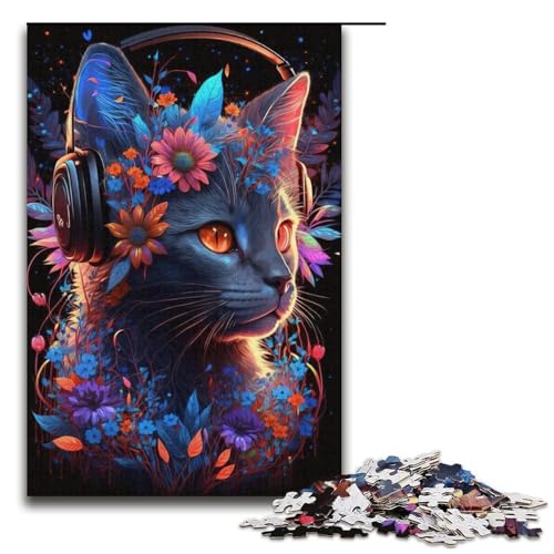 Puzzle Katze und Blume Neon 1000 Teile für Erwachsene Lernspiele Weihnachtsgeburtstagsgeschenke für Teenager ab 14 Jahren 38x26cm von WGLINGX