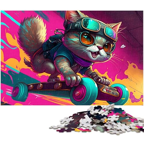Puzzle Skateboard-Katze, 1000-teiliges Kartonpuzzle für Erwachsene, tolles Geschenk für Erwachsene (Größe 38 x 26 cm) von WGLINGX