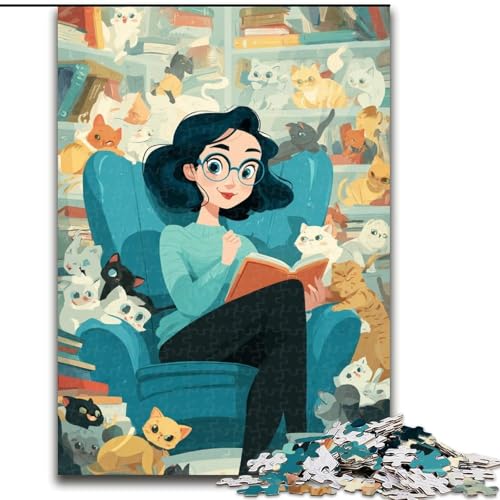 Puzzle für 1000 Teile, Holzpuzzle „Katze und Mädchen lesen“, Aktivität zur Stärkung der Familienbindung, einzigartiges Geschenk für Feiertage und Geburtstage (Größe 50x75cm) von WGLINGX