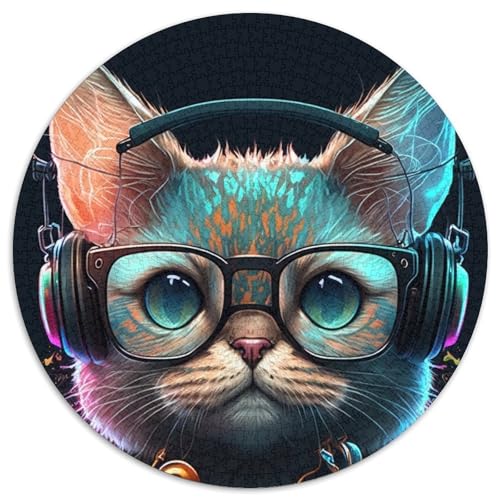 Puzzle für 1000 Teile, Kopfhörer-Katze, rund, Puzzle 1000 Teile für Erwachsene, Aktivität für Erwachsene und Familien, DIY-Heimdekor, Geschenk, 1000 Teile (67,5x67,5cm) von WGLINGX