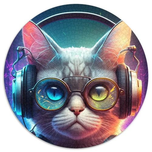 Puzzle für 1000 Teile, Kopfhörer-Katze, rund, Puzzle 1000 Teile für Erwachsene, Aktivität für Erwachsene und Familien, DIY-Heimdekor, Geschenk, 1000 Teile (67,5x67,5cm) von WGLINGX