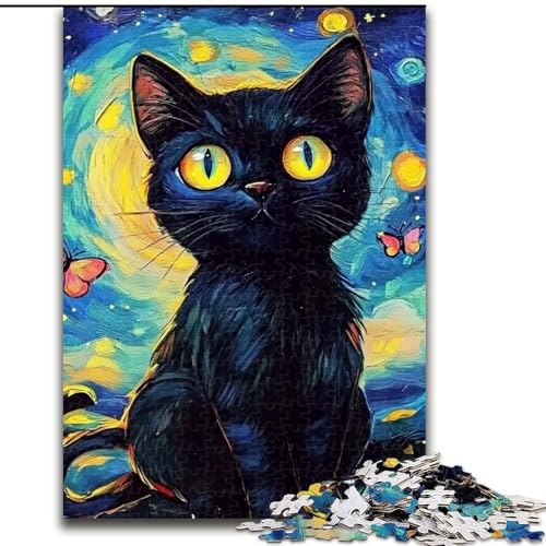 Puzzle für 1000 Teile, Nachthimmel, Schwarze Katze, 1000-teiliges Puzzle für Erwachsene, Heimdekoration, Familienspaß, ab 14 Jahren (Größe 26x38cm) von WGLINGX