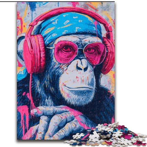 Puzzle für 1000 Teile, Schimpanse mit Kopfhörern, 1000-teiliges Puzzle für Erwachsene, unmögliche pädagogische Heimdekoration, Spiele und Geschenke (Größe 26x38cm) von WGLINGX