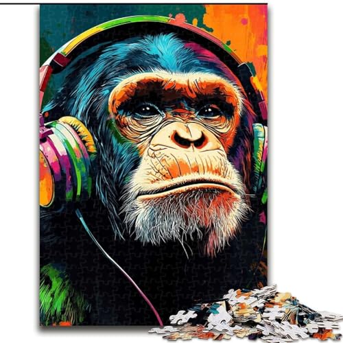 Puzzle für 1000 Teile, Schimpanse mit Kopfhörern, Holzpuzzle für Erwachsene, anspruchsvolles DIY-Denkspiel, interaktive Familienaktivität (Größe 50x75cm) von WGLINGX