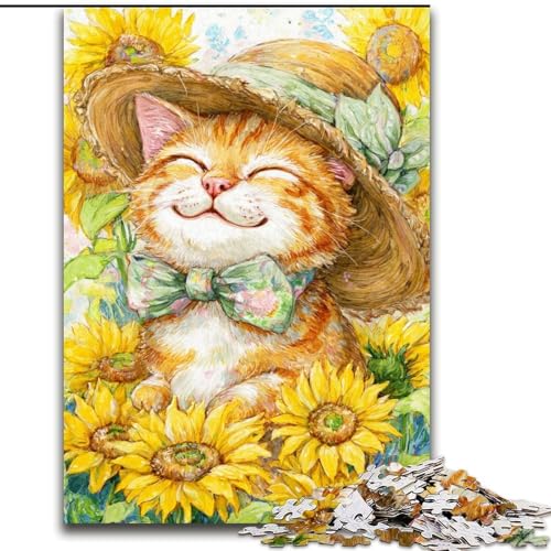 Puzzle für 1000 Teile, Sonnenblumenkatze, 1000-teiliges Puzzle, unmöglich, pädagogische Heimdekoration, Spiele und Geschenke (Größe 50x75cm) von WGLINGX