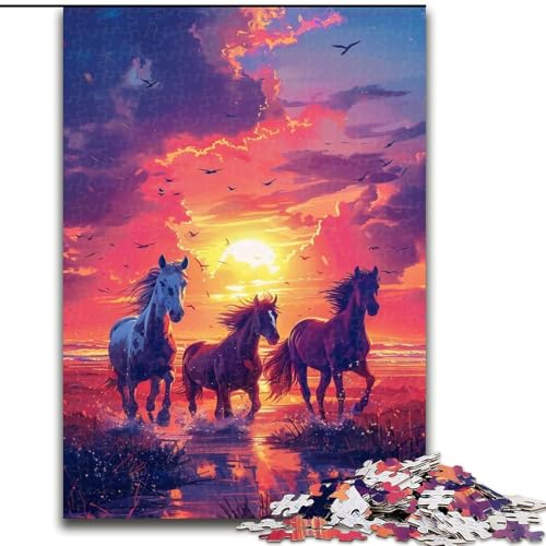 Puzzle für Erwachsene, 1000 Pferde bei Sonnenuntergang, Holzpuzzle, interaktives Familienspiel, Heimdekoration zum Selbermachen, herausforderndes Denkspiel als Geschenk (Größe 26x38cm) von WGLINGX