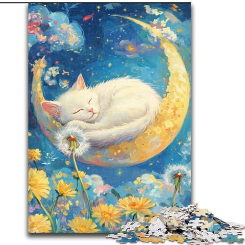 Puzzle für Erwachsene, 1000 Teile, „Katze schläft auf dem Mond“, Holzpuzzle, interaktives Familienspiel, geeignet für Kinder ab 14 Jahren (Größe 50x75cm) von WGLINGX