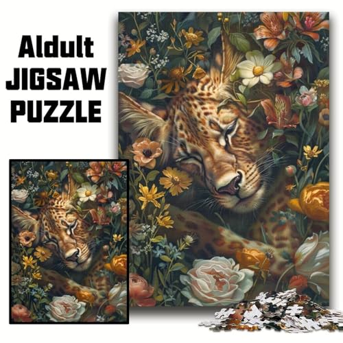 Puzzle für Erwachsene, 1000 Teile, Blumenleopard, anspruchsvolle Puzzles, Spaß für die ganze Familie, Basteln, perfekt für Geburtstage, Feiertage (Größe 26x38cm) von WGLINGX
