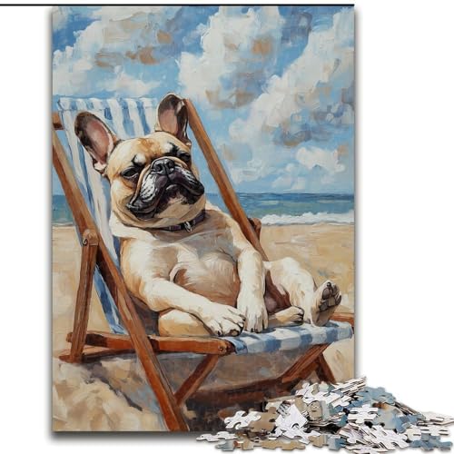 Puzzle für Erwachsene, 1000 Teile, Bulldogge am Strand, 1000-teiliges Puzzle, Teenager, Stressabbau, Cooles einzigartiges Geschenk für die Familie (Größe 26x38cm) von WGLINGX