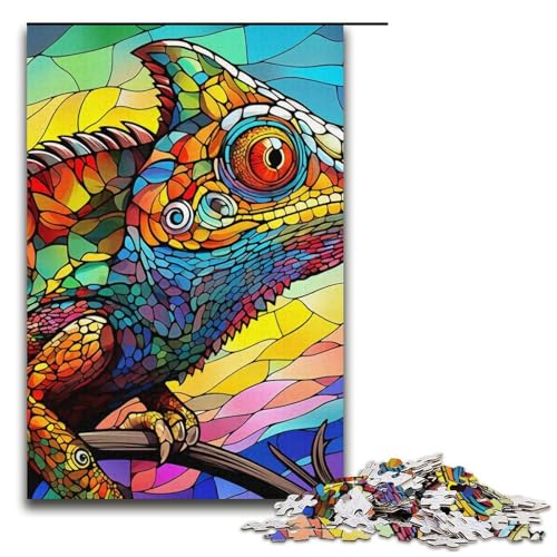 Puzzle für Erwachsene, 1000 Teile, Buntglas-Chamäleon, DIY-Puzzle-Spielzeug, einzigartige Heimdekoration und Geschenke, 14,96 x 10,24 Zoll von WGLINGX