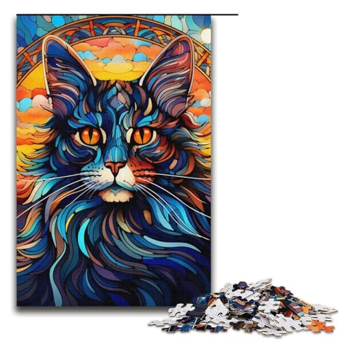 Puzzle für Erwachsene, 1000 Teile, Buntglaskatze, DIY-Puzzle-Spielzeug, einzigartige Heimdekoration und Geschenke, 14,96 x 10,24 Zoll von WGLINGX