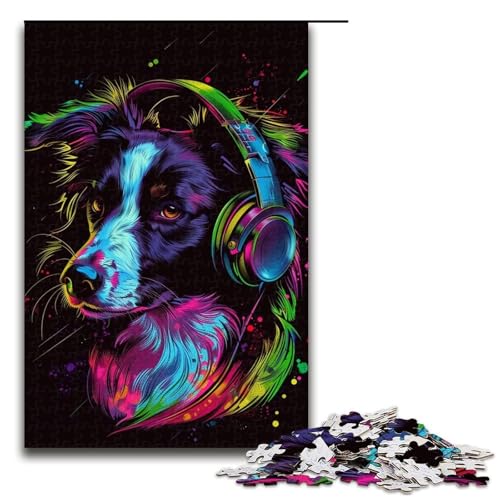 Puzzle für Erwachsene, 1000 Teile, DJ Neon Border Collie, Puzzle für Erwachsene, Holzpuzzle, tolle Geschenke zu Weihnachten (Größe 50 x 75 cm) von WGLINGX