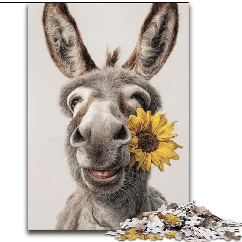 Puzzle für Erwachsene, 1000 Teile, Esel hält eine Sonnenblume, Holzpuzzle, interaktives Familienspiel, geeignet für Kinder ab 14 Jahren (Größe 50x75cm) von WGLINGX