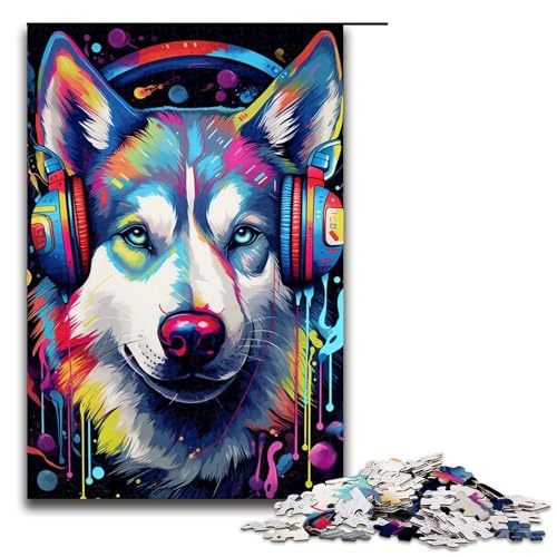 Puzzle für Erwachsene, 1000 Teile, Husky-Kopfhörer-Puzzle für Erwachsene, Holzpuzzle, Heimkunst-Dekor (Größe 50 x 75 cm) von WGLINGX