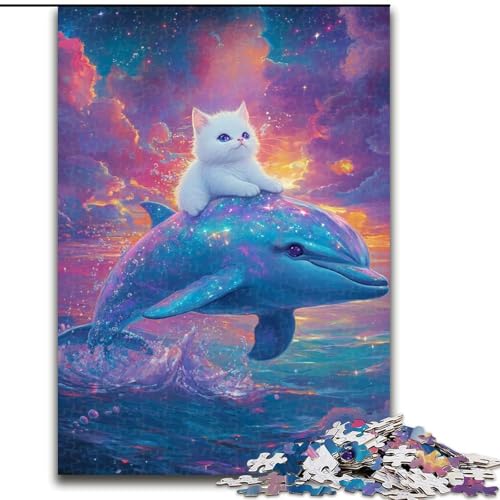 Puzzle für Erwachsene, 1000 Teile, Katze auf einem Delfin, Holzpuzzle, interaktives Familienspiel, geeignet für Kinder ab 14 Jahren (Größe 50x75cm) von WGLINGX