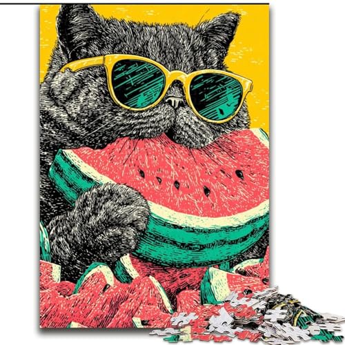 Puzzle für Erwachsene, 1000 Teile, Katze isst Wassermelone, 1000 Teile, Puzzle für Erwachsene, Lernspiel, Herausforderungsspielzeug (Größe 50x75cm) von WGLINGX