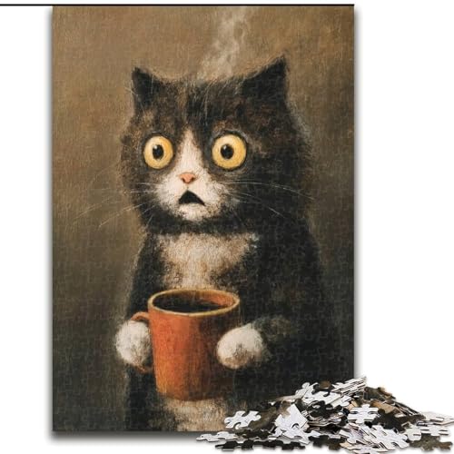 Puzzle für Erwachsene, 1000 Teile, Katze trinkt Kaffee, Holzpuzzle, interaktives Familienspiel, geeignet für Kinder ab 14 Jahren (Größe 50x75cm) von WGLINGX