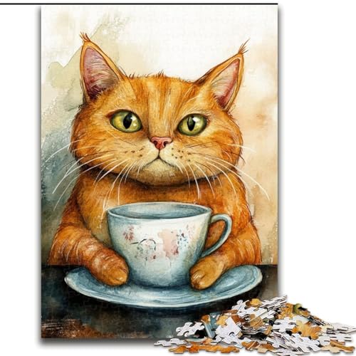 Puzzle für Erwachsene, 1000 Teile, Katze trinkt Kaffee, Holzpuzzle für Erwachsene, interaktives Familienspiel, Gehirn-Herausforderungsgeschenk (Größe 50x75cm) von WGLINGX