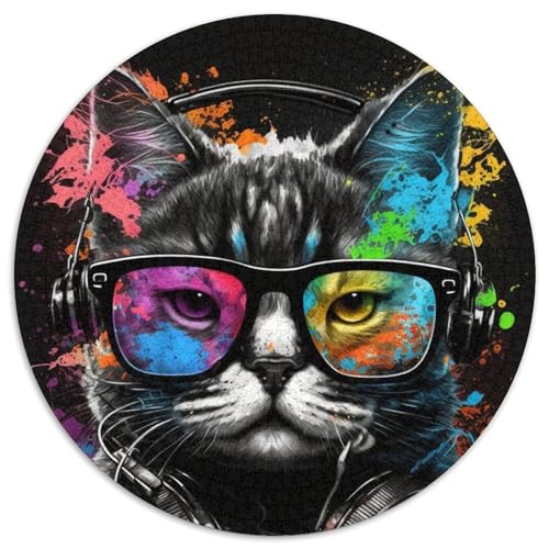 Puzzle für Erwachsene, 1000 Teile, Kopfhörer, Katze, runde Puzzles 1000 Teile für Erwachsene, Gehirn-Herausforderungsgeschenk, pädagogische Aktivität für Teenager, 1000 Teile (67,5x67,5cm) von WGLINGX