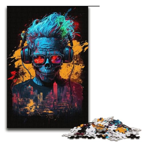 Puzzle für Erwachsene, 1000 Teile, Kopfhörer, Totenkopf, Puzzle, Handgeschwindigkeitswettbewerb, Geburtstagsgeschenk, Geschenke, Wandkunst (Größe 38 x 26 cm) von WGLINGX