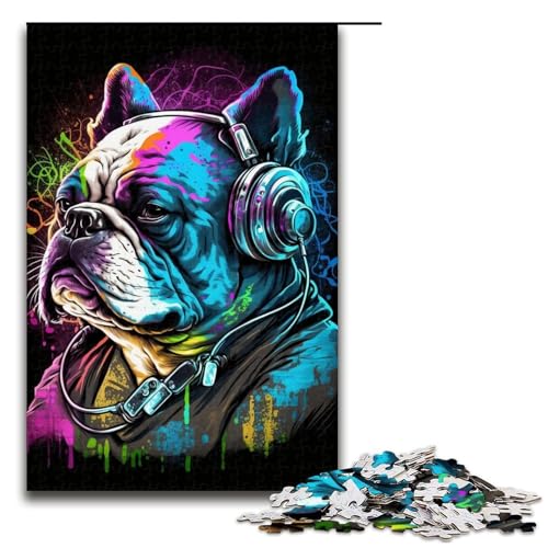 Puzzle für Erwachsene, 1000 Teile, Kopfhörer-Bulldogge, Heimdekoration, Puzzlespielzeug mit passendem Poster und Quizblatt (Größe 50 x 75 cm) von WGLINGX
