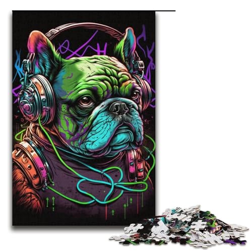 Puzzle für Erwachsene, 1000 Teile, Kopfhörer-Bulldogge, Puzzle-Geschenk zum Geburtstag für Teenager ab 14 Jahren (Größe 38 x 26 cm) von WGLINGX