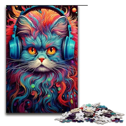 Puzzle für Erwachsene, 1000 Teile, Kopfhörer-Katzen-Puzzle, Holzpuzzle für Erwachsene, Erwachsene (Größe 50 x 75 cm) von WGLINGX
